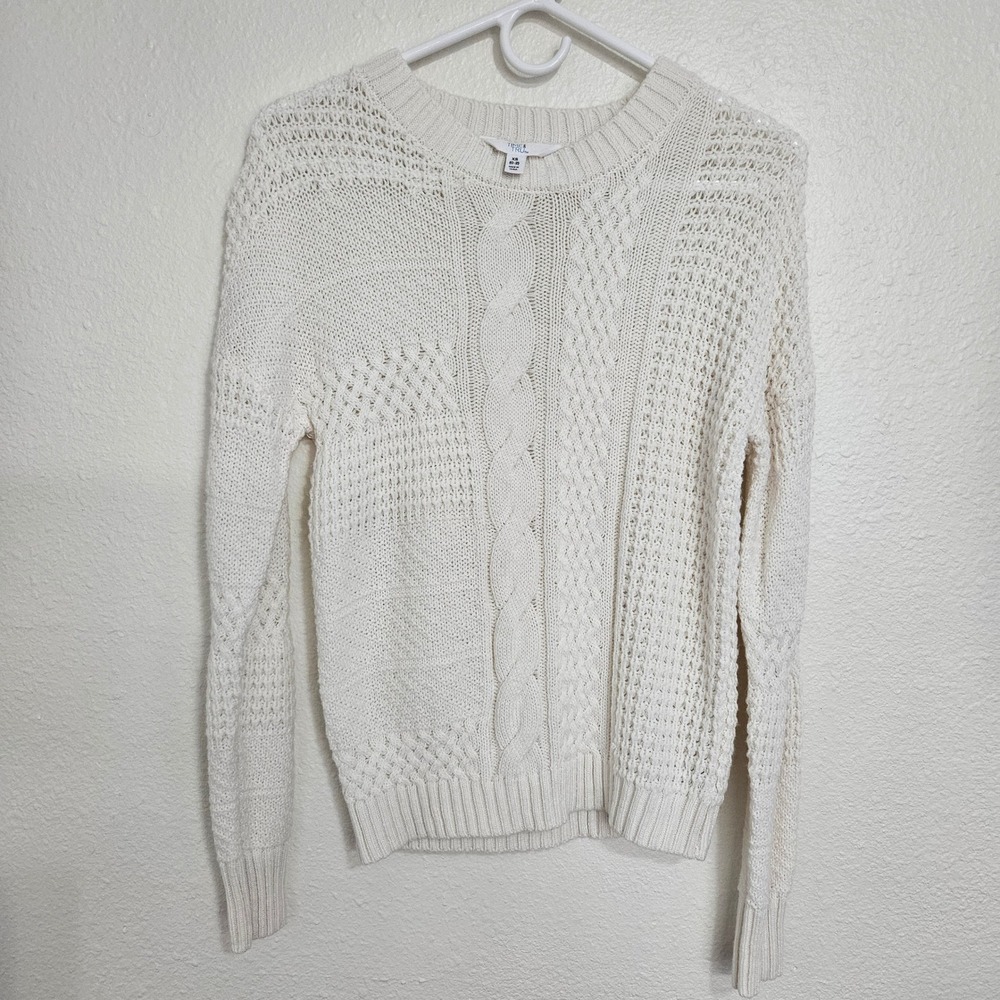 Time and Tru Womens Mixed Cable Knit Sweater Cream White XS